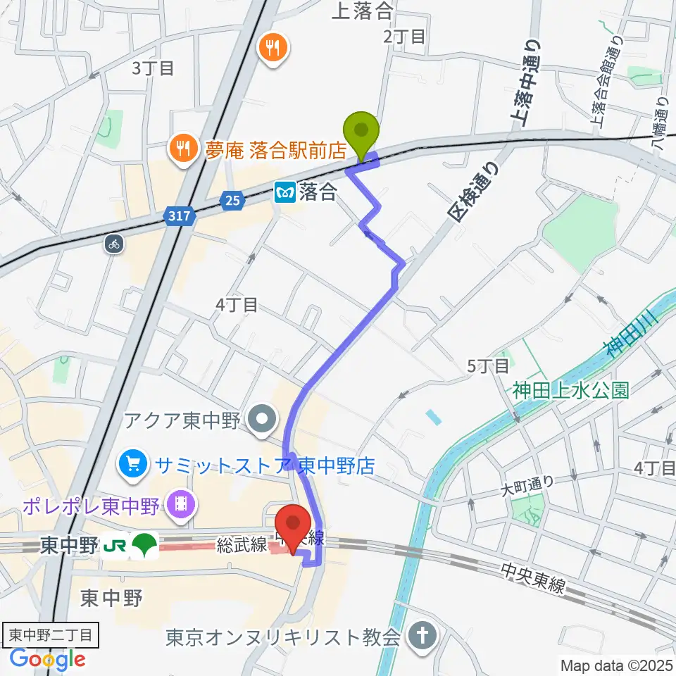 落合駅からボイストレーニング・レイクラブへのルートマップ地図
