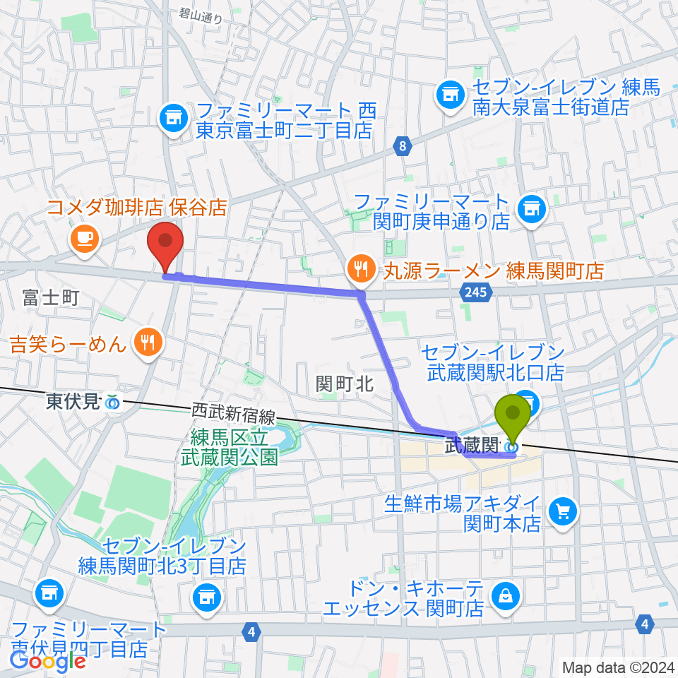 武蔵関駅からステラ音楽教室 東伏見教室へのルートマップ地図