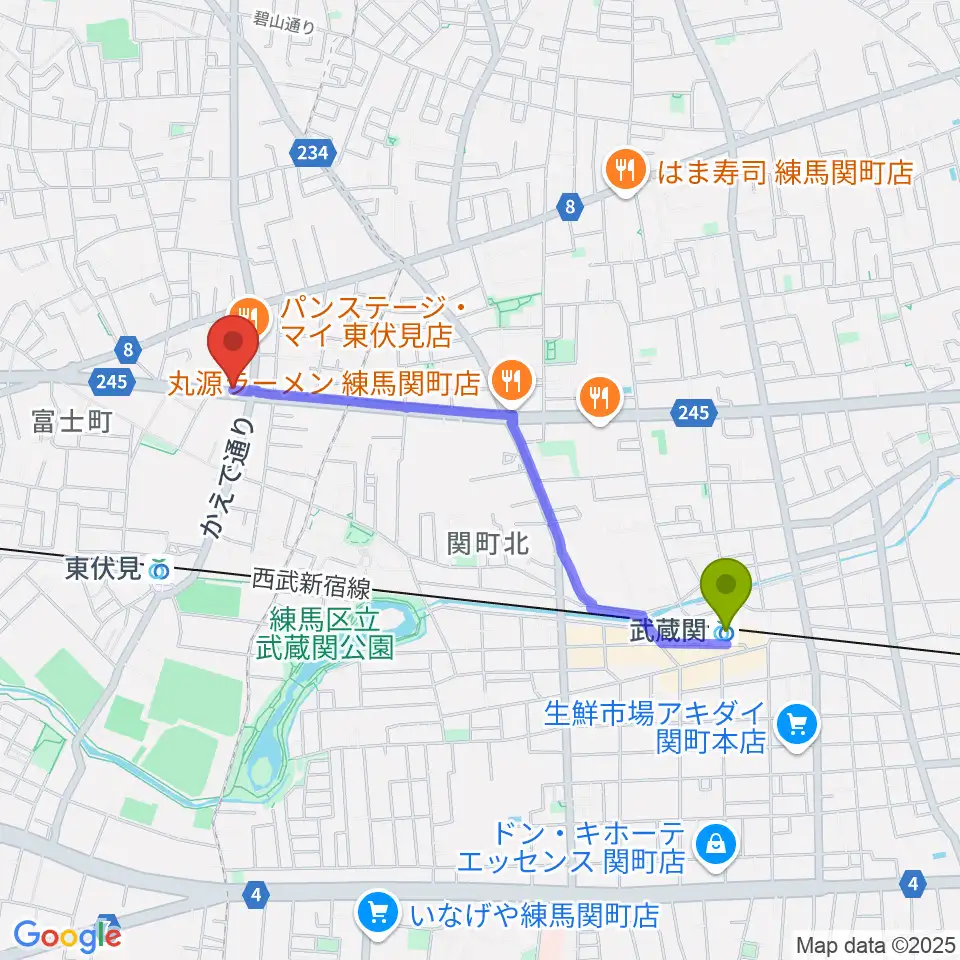 武蔵関駅からステラ音楽教室 東伏見教室へのルートマップ地図