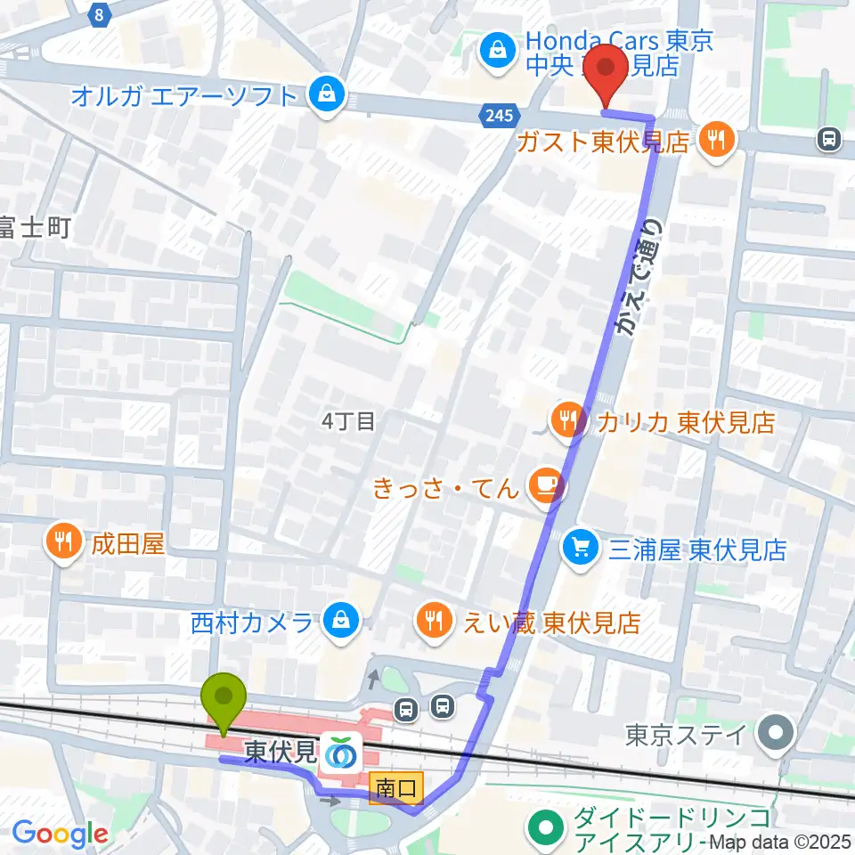 ステラ音楽教室 東伏見教室の最寄駅東伏見駅からの徒歩ルート（約7分）地図