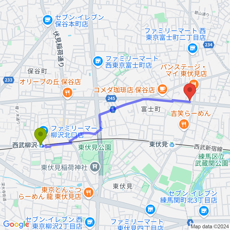 西武柳沢駅からステラ音楽教室 東伏見教室へのルートマップ地図