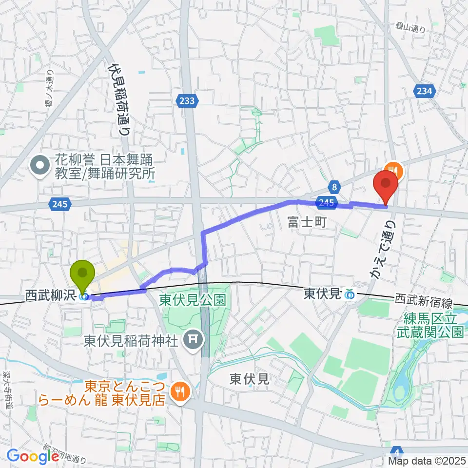 西武柳沢駅からステラ音楽教室 東伏見教室へのルートマップ地図