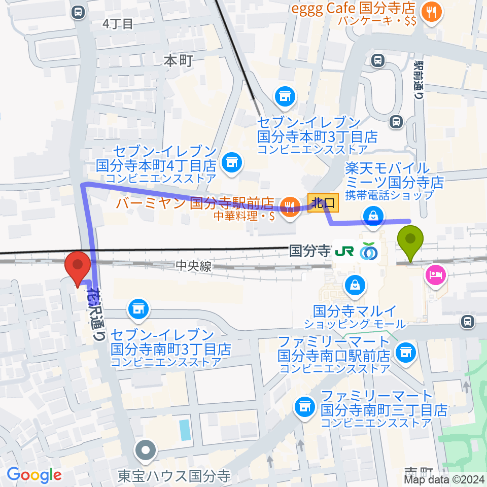 ボーカル教室Smilyの最寄駅国分寺駅からの徒歩ルート（約5分）地図