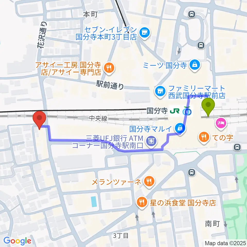 ボーカル教室Smilyの最寄駅国分寺駅からの徒歩ルート（約5分）地図