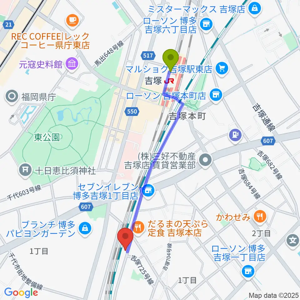 アールミュージックゆきむら梨江歌謡スクールの最寄駅吉塚駅からの徒歩ルート（約10分）地図