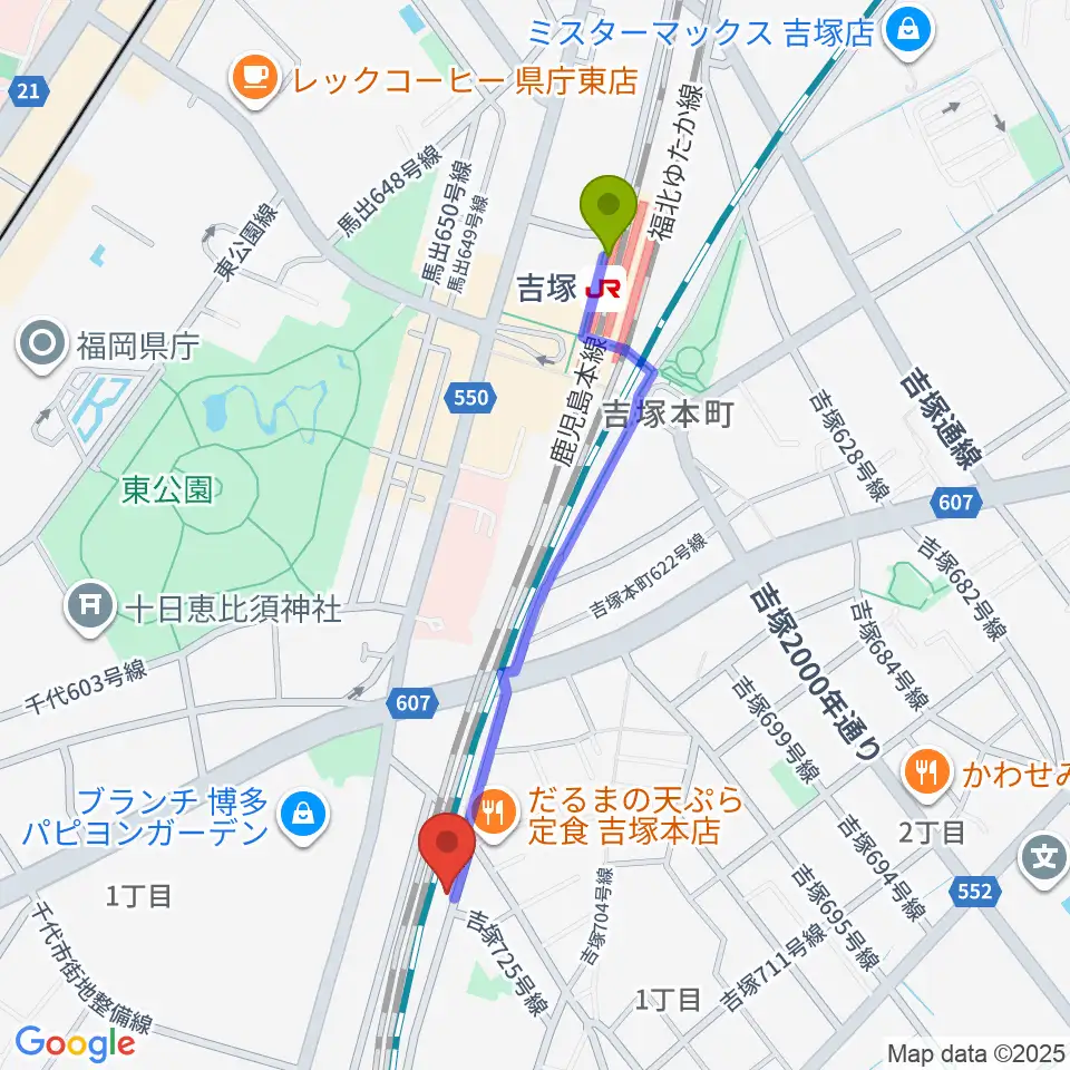 アールミュージックゆきむら梨江歌謡スクールの最寄駅吉塚駅からの徒歩ルート（約10分）地図