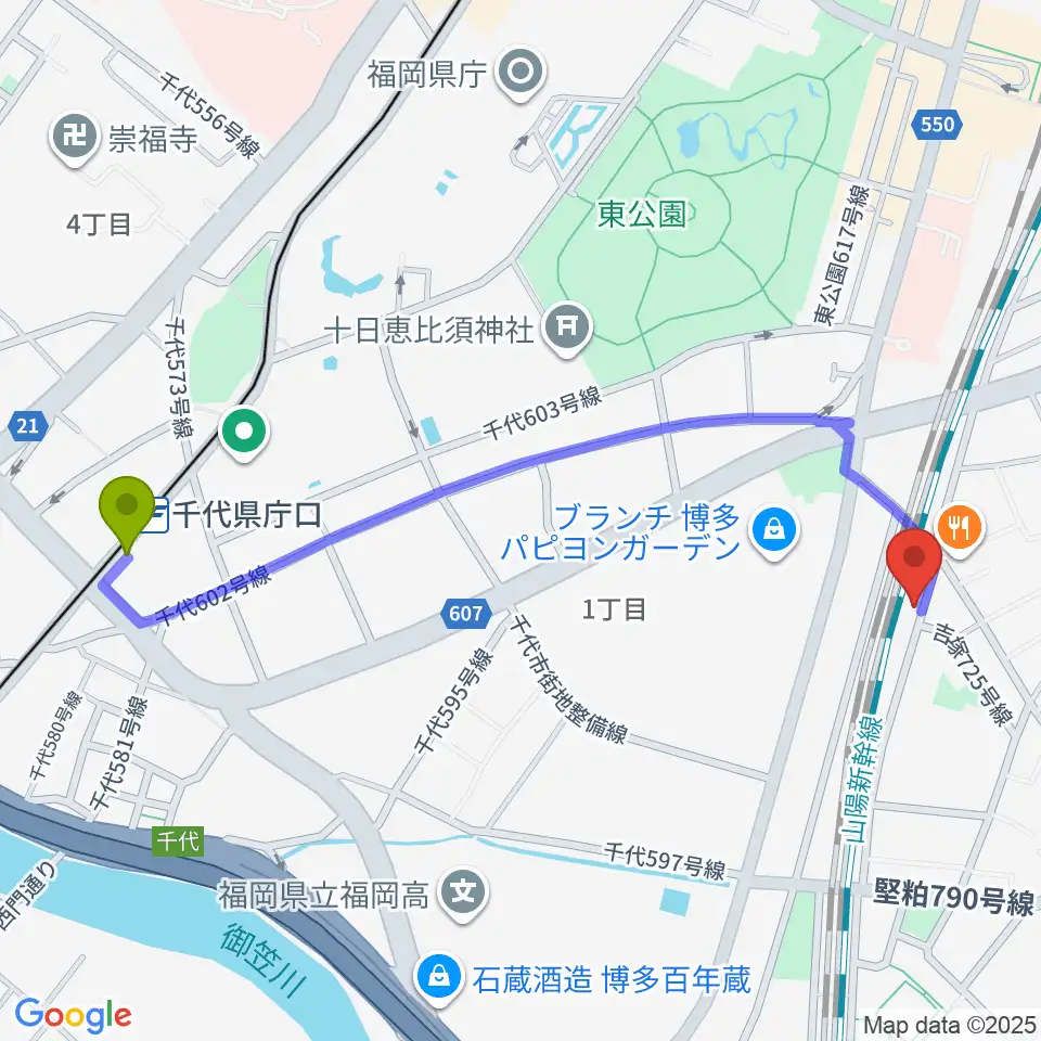 千代県庁口駅からアールミュージックゆきむら梨江歌謡スクールへのルートマップ地図