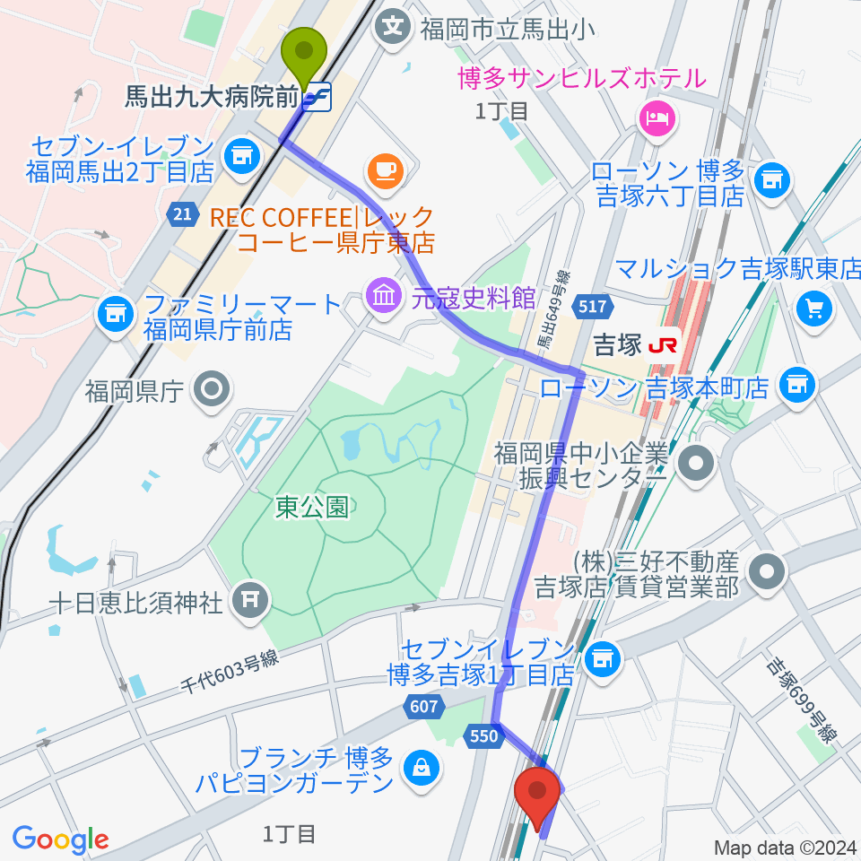 馬出九大病院前駅からアールミュージックゆきむら梨江歌謡スクールへのルートマップ地図