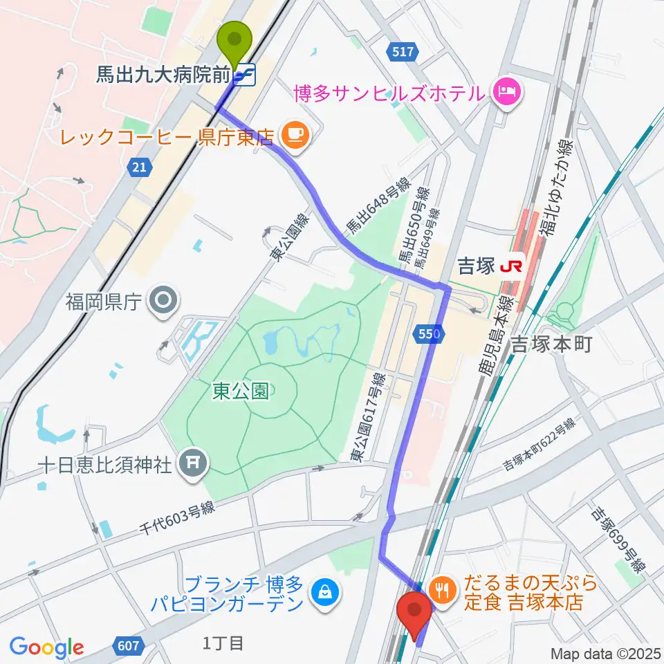 馬出九大病院前駅からアールミュージックゆきむら梨江歌謡スクールへのルートマップ地図
