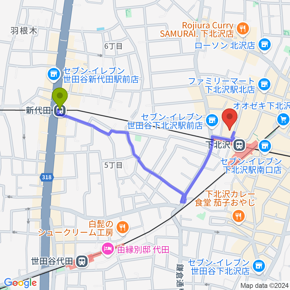 新代田駅からアルパ教室アルモニコへのルートマップ地図