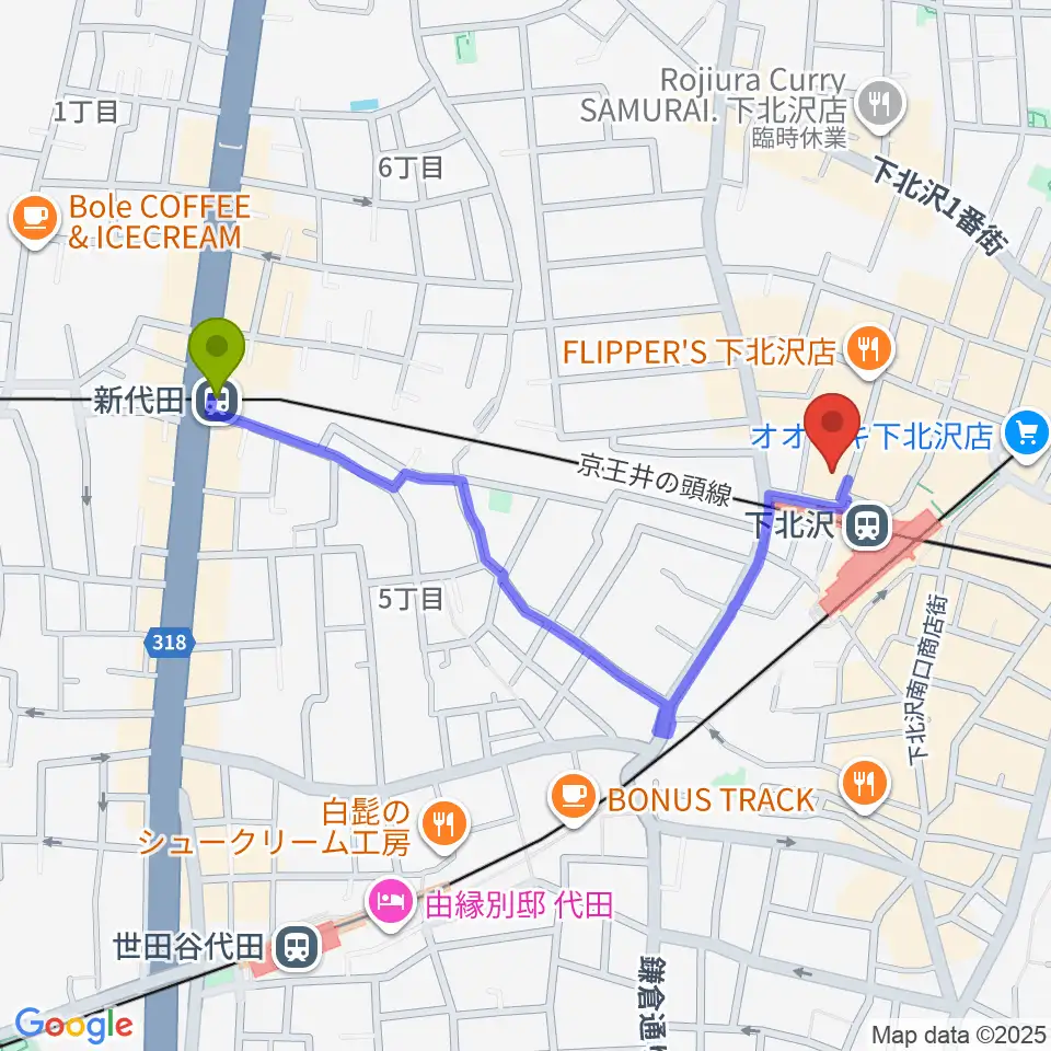 新代田駅からアルパ教室アルモニコへのルートマップ地図