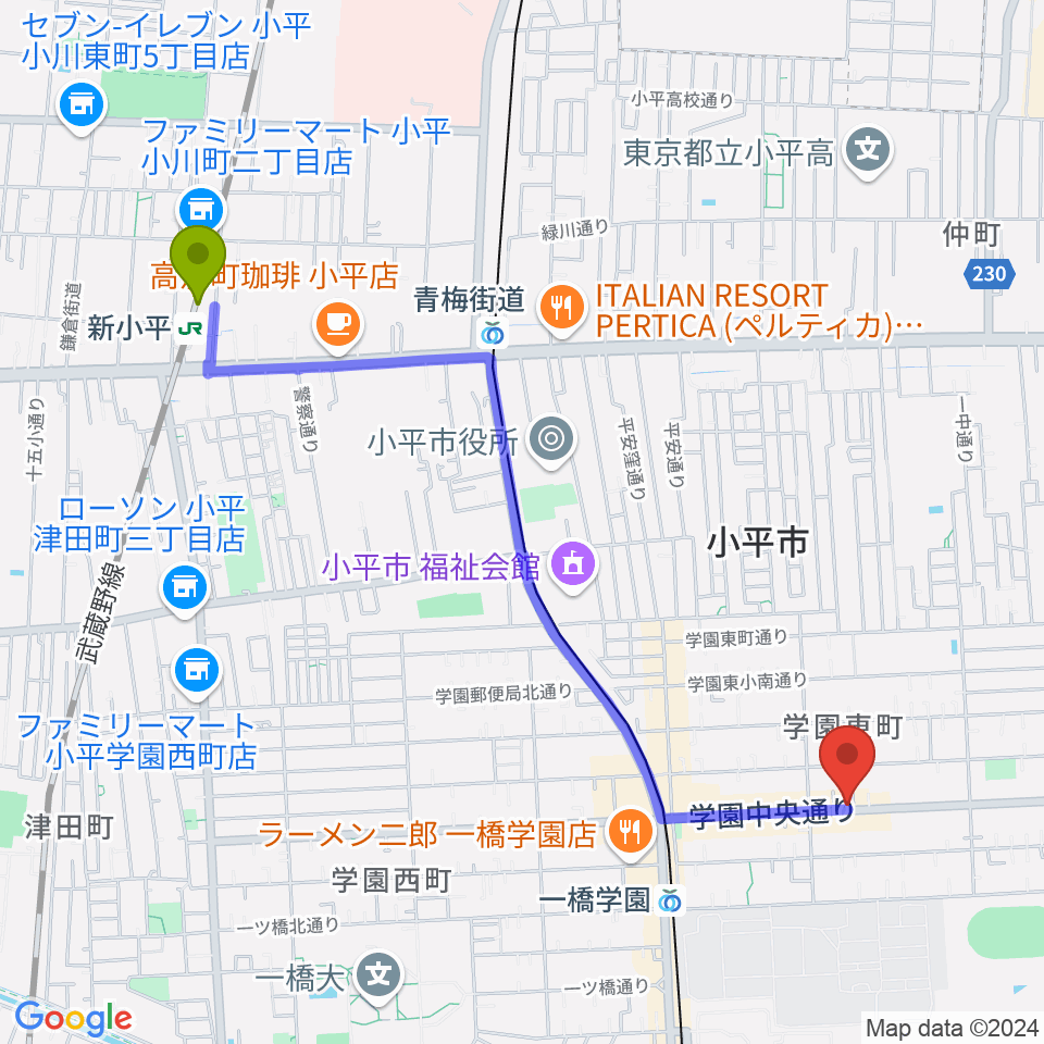 新小平駅から一橋学園ピアノ教室へのルートマップ地図