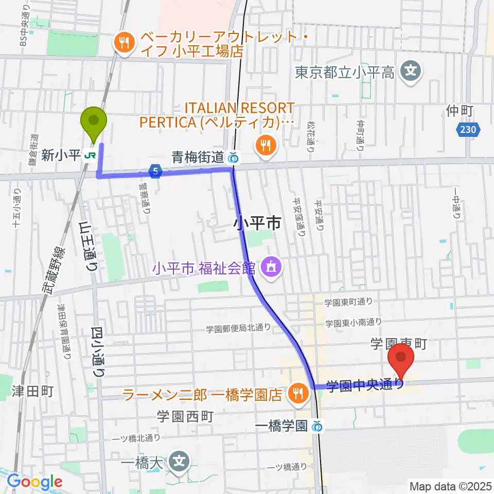 新小平駅から一橋学園ピアノ教室へのルートマップ地図