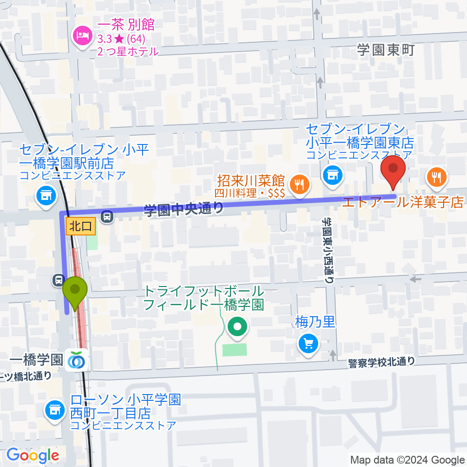 一橋学園ピアノ教室の最寄駅一橋学園駅からの徒歩ルート（約6分）地図