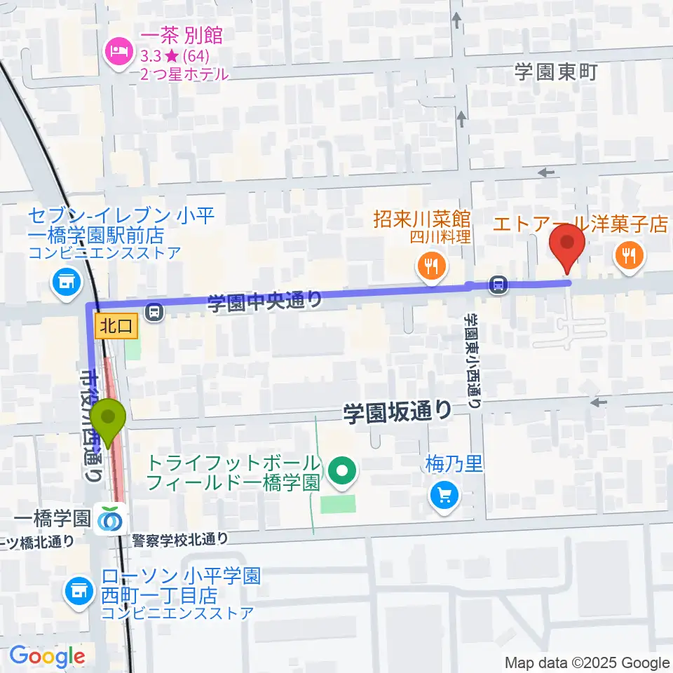 一橋学園ピアノ教室の最寄駅一橋学園駅からの徒歩ルート（約6分）地図