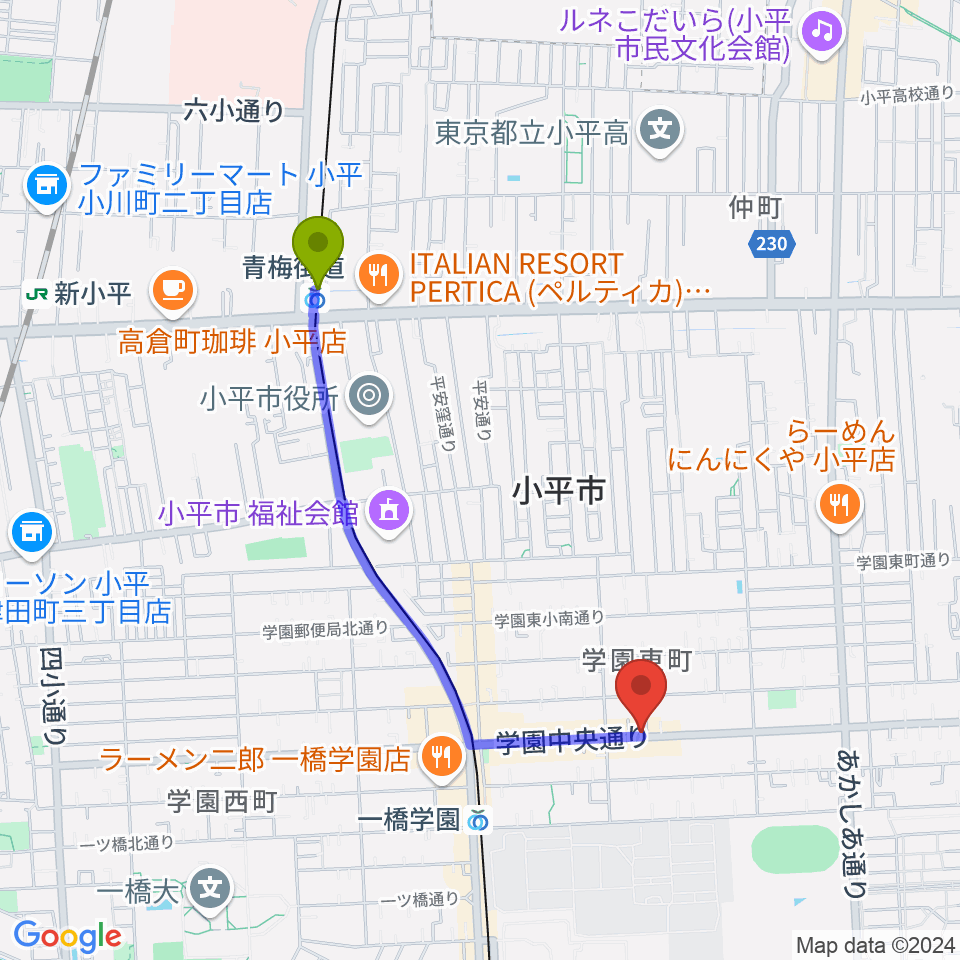 青梅街道駅から一橋学園ピアノ教室へのルートマップ地図