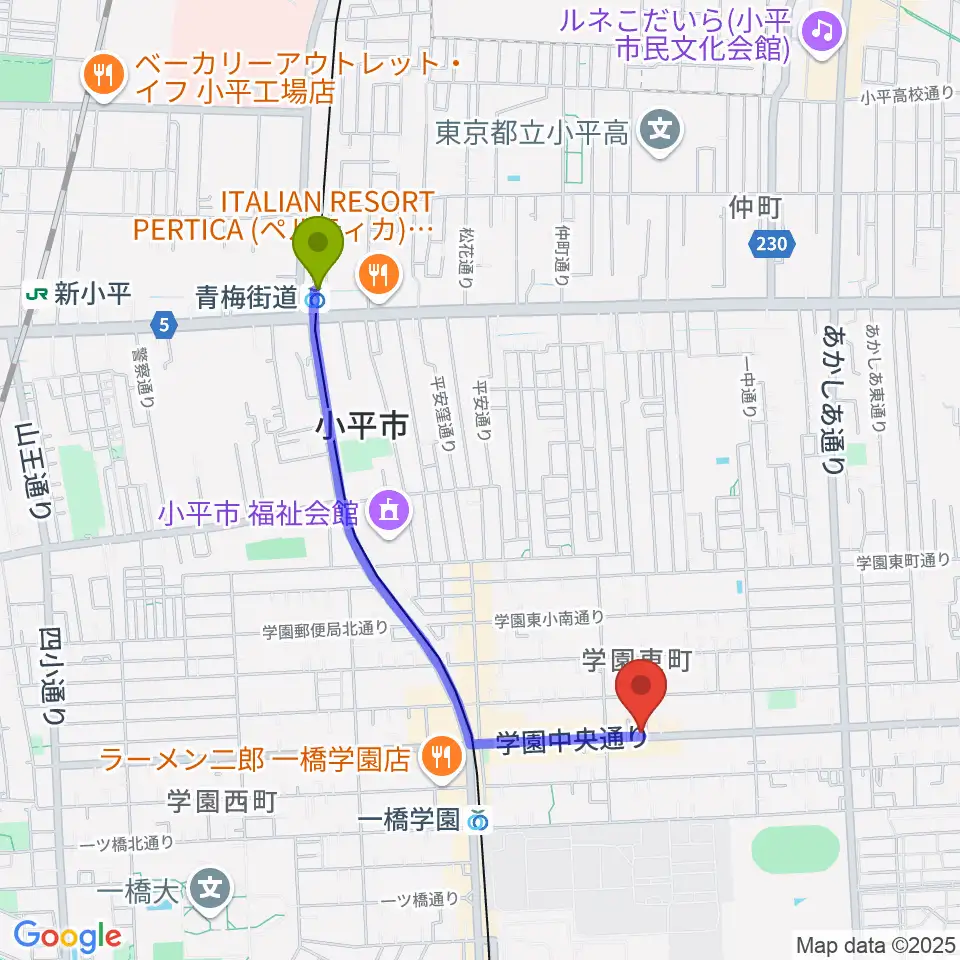 青梅街道駅から一橋学園ピアノ教室へのルートマップ地図