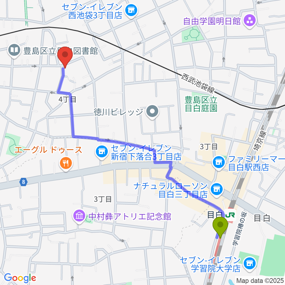 目白駅からソルフェージスクールへのルートマップ地図