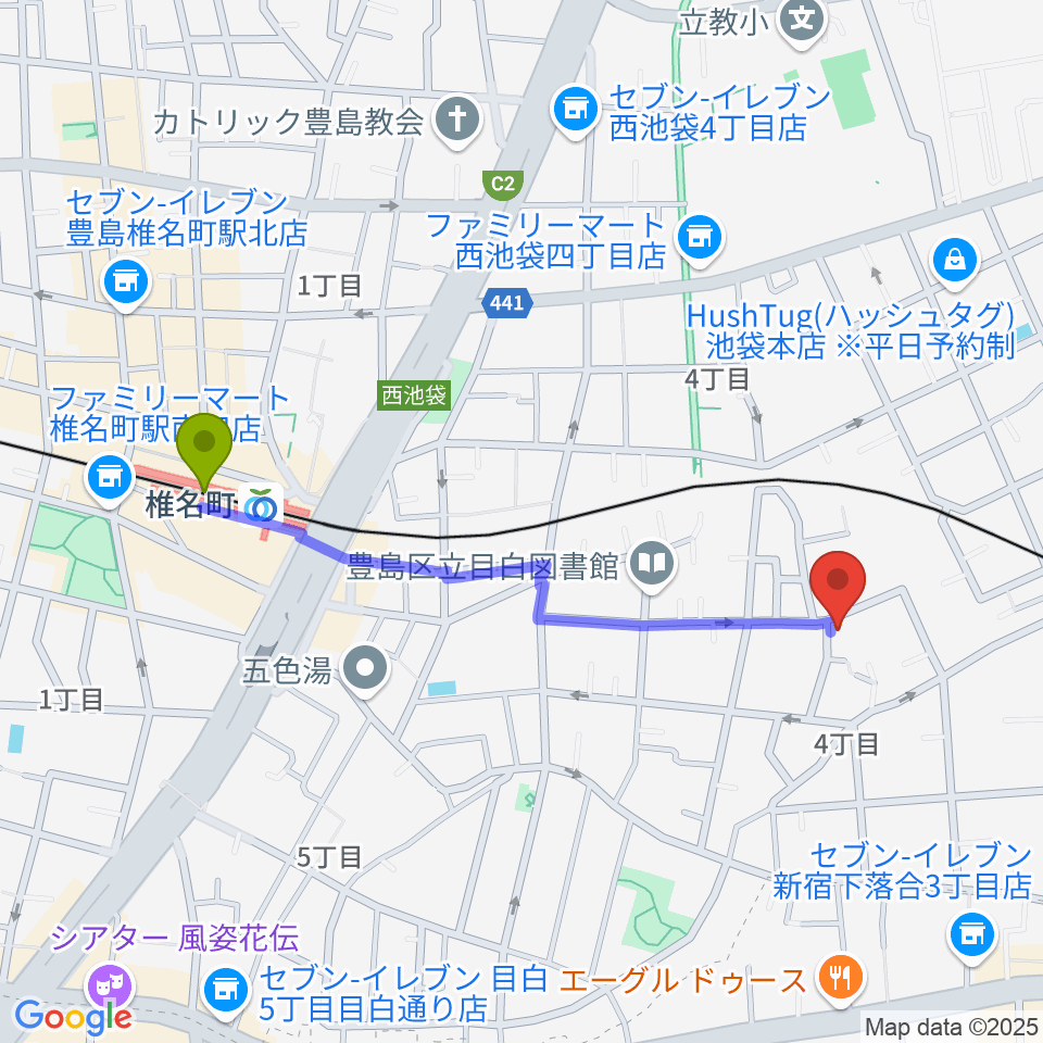 ソルフェージスクールの最寄駅椎名町駅からの徒歩ルート（約10分）地図