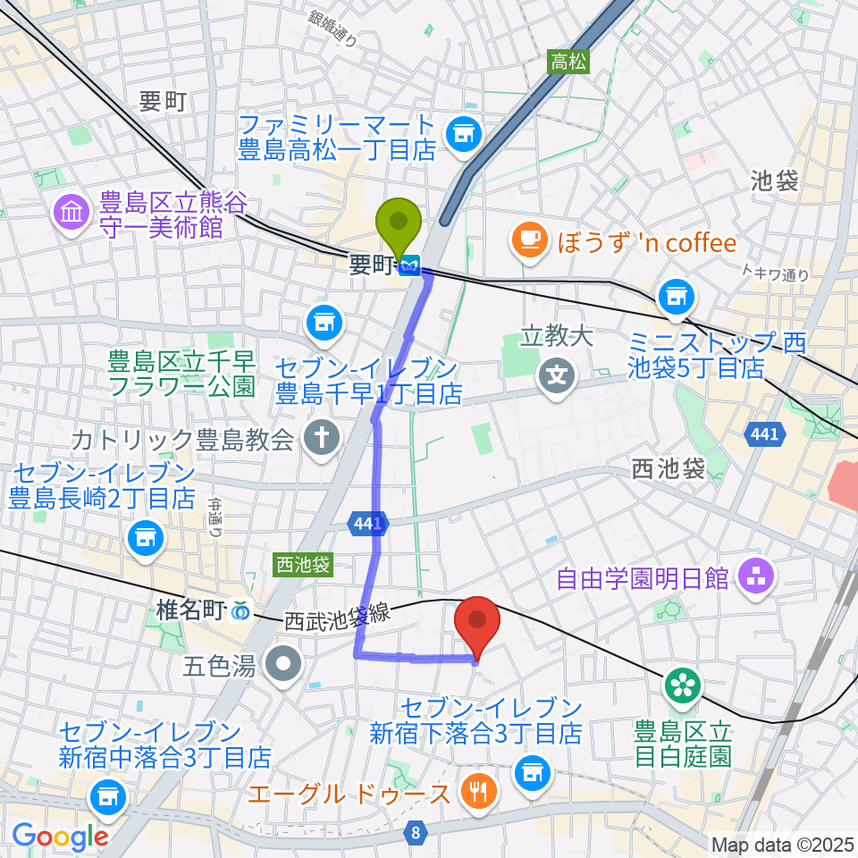 要町駅からソルフェージスクールへのルートマップ地図