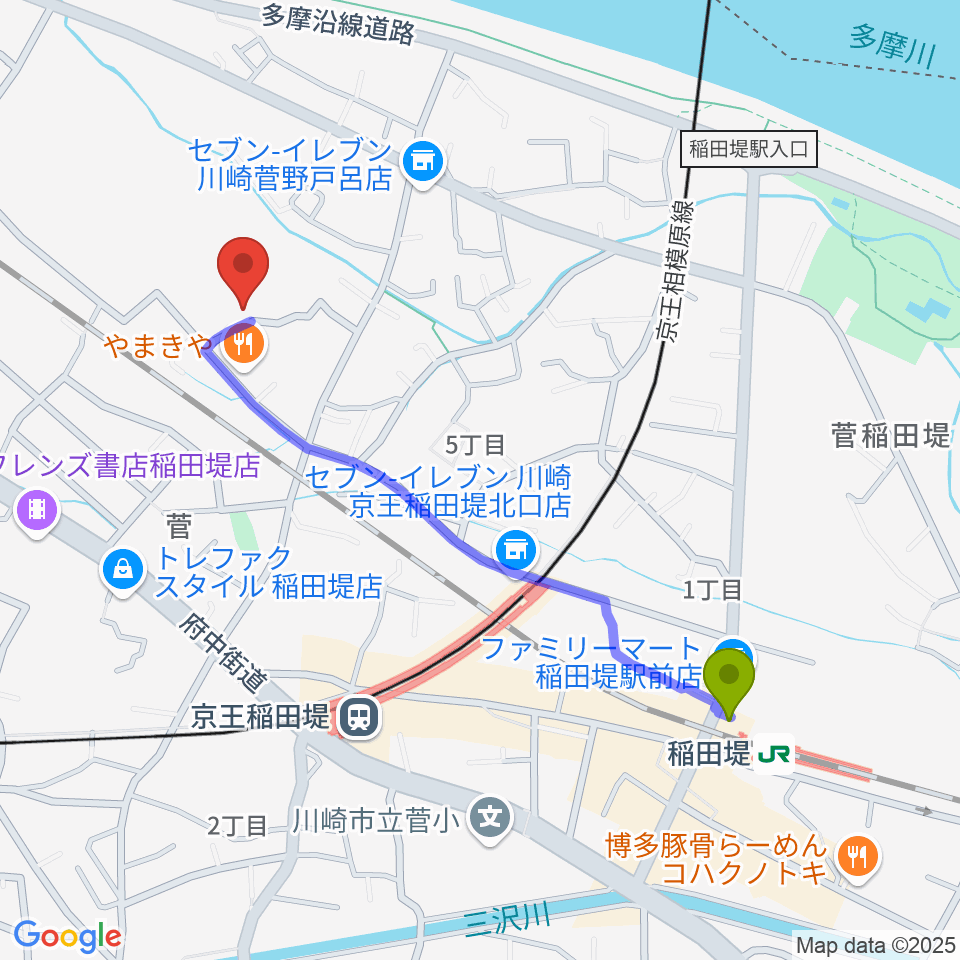 稲田堤駅からうえはらピアノ教室へのルートマップ地図