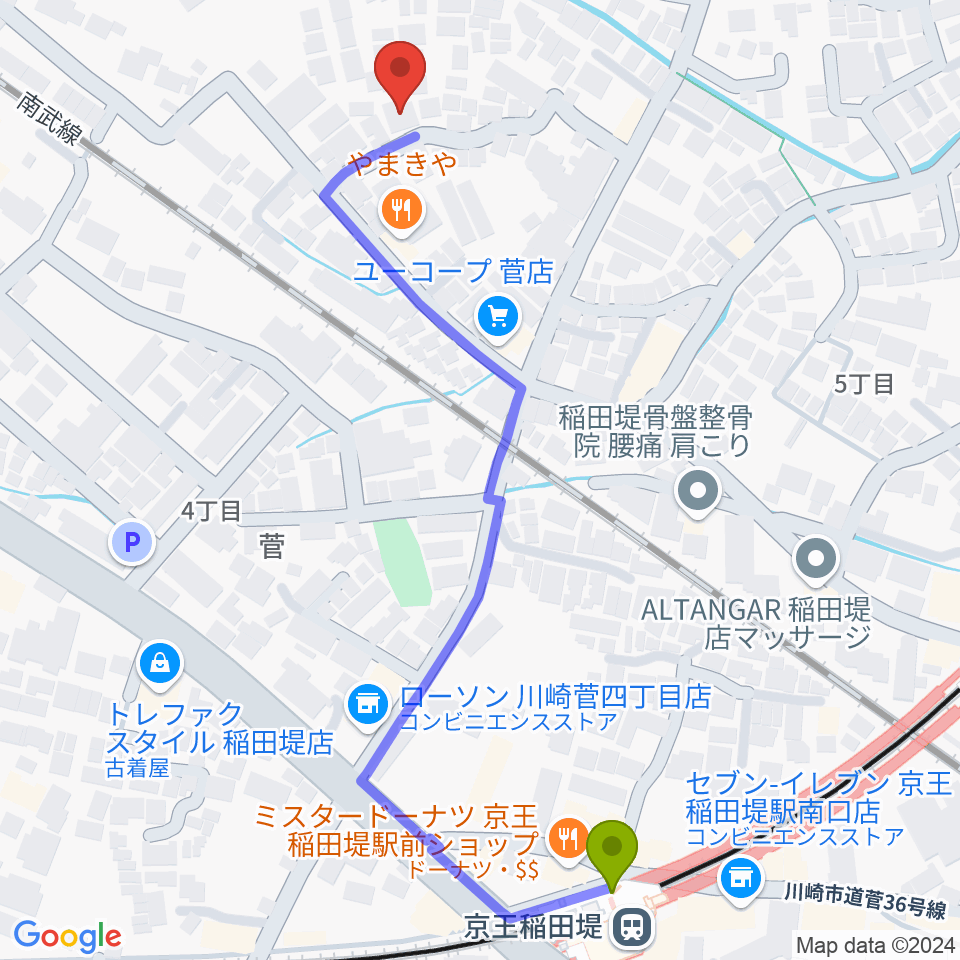 うえはらピアノ教室の最寄駅京王稲田堤駅からの徒歩ルート（約7分）地図