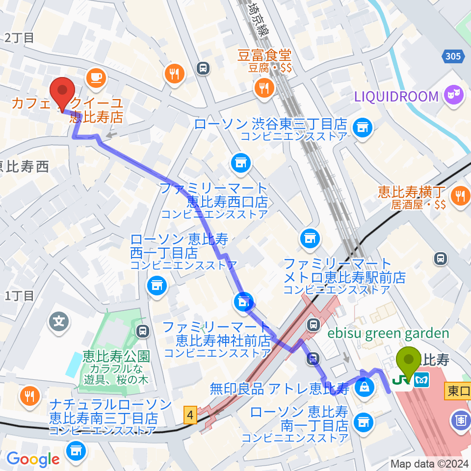 恵比寿駅からゴーストノートレコーズへのルートマップ地図