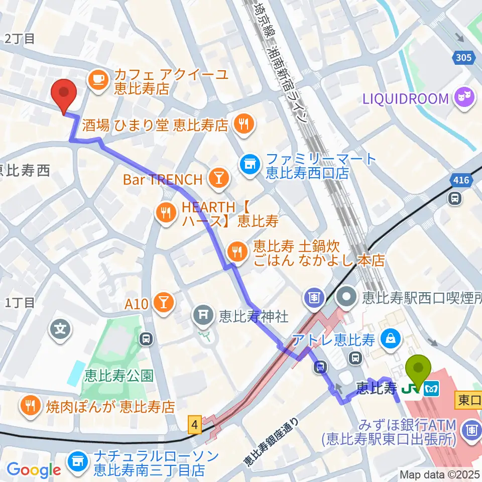 恵比寿駅からゴーストノートレコーズへのルートマップ地図