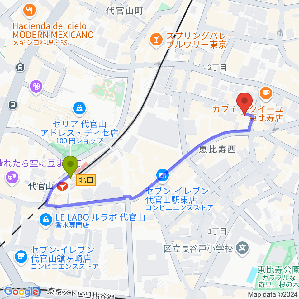 ゴーストノートレコーズの最寄駅代官山駅からの徒歩ルート（約5分）地図