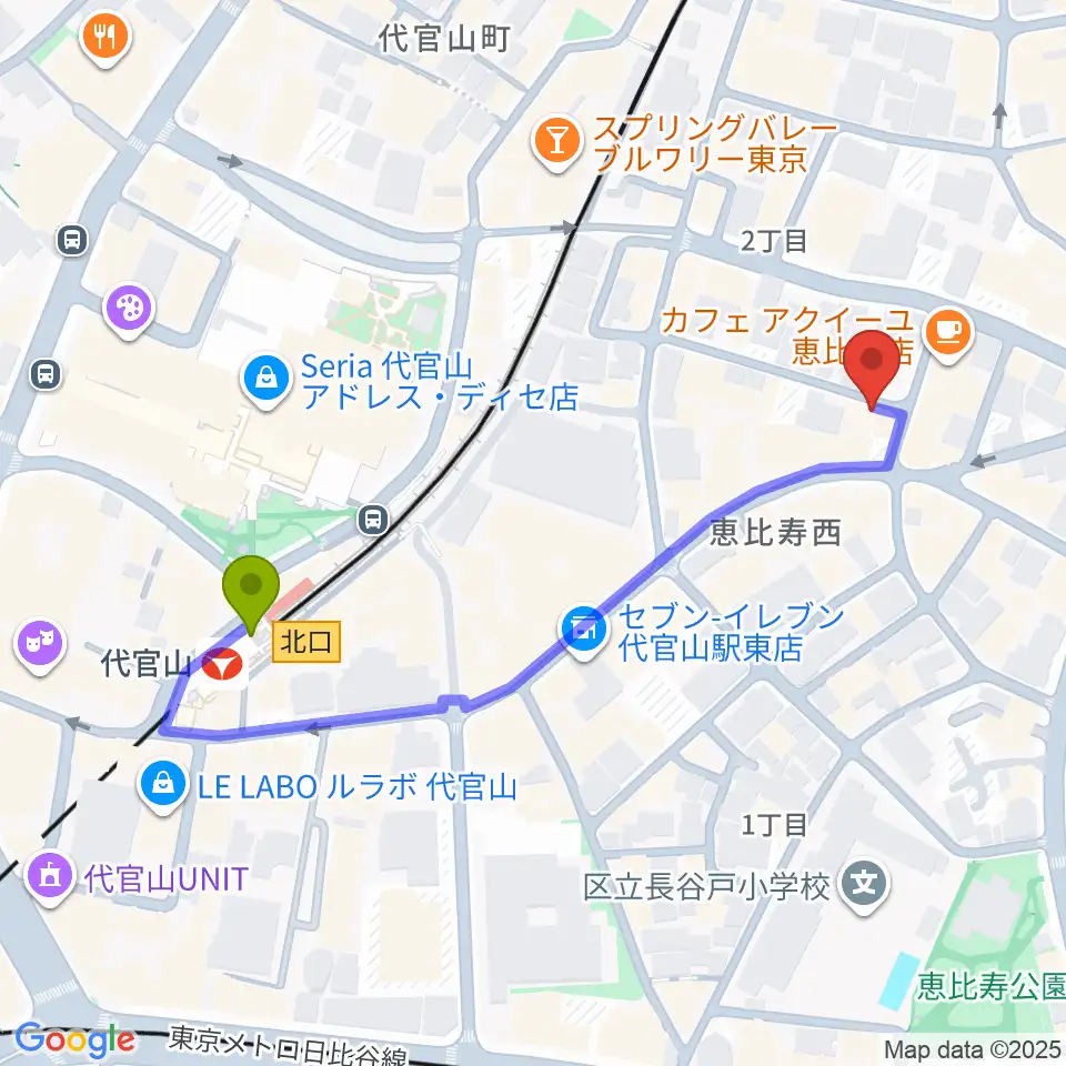 ゴーストノートレコーズの最寄駅代官山駅からの徒歩ルート（約5分）地図