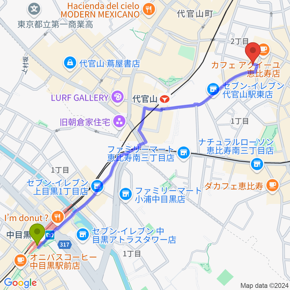 中目黒駅からゴーストノートレコーズへのルートマップ地図