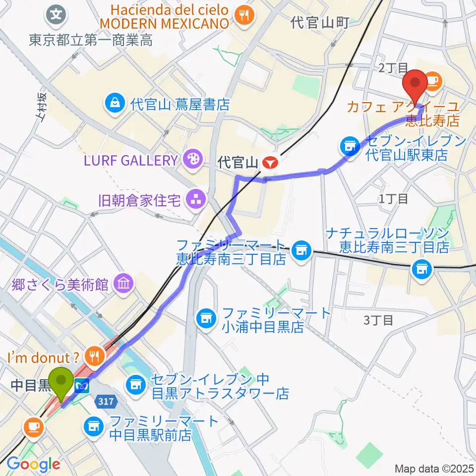 中目黒駅からゴーストノートレコーズへのルートマップ地図