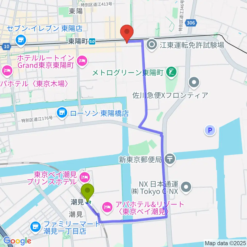 潮見駅からドリームミュージックへのルートマップ地図