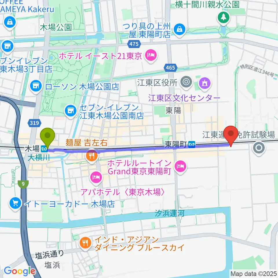 木場駅からドリームミュージックへのルートマップ地図