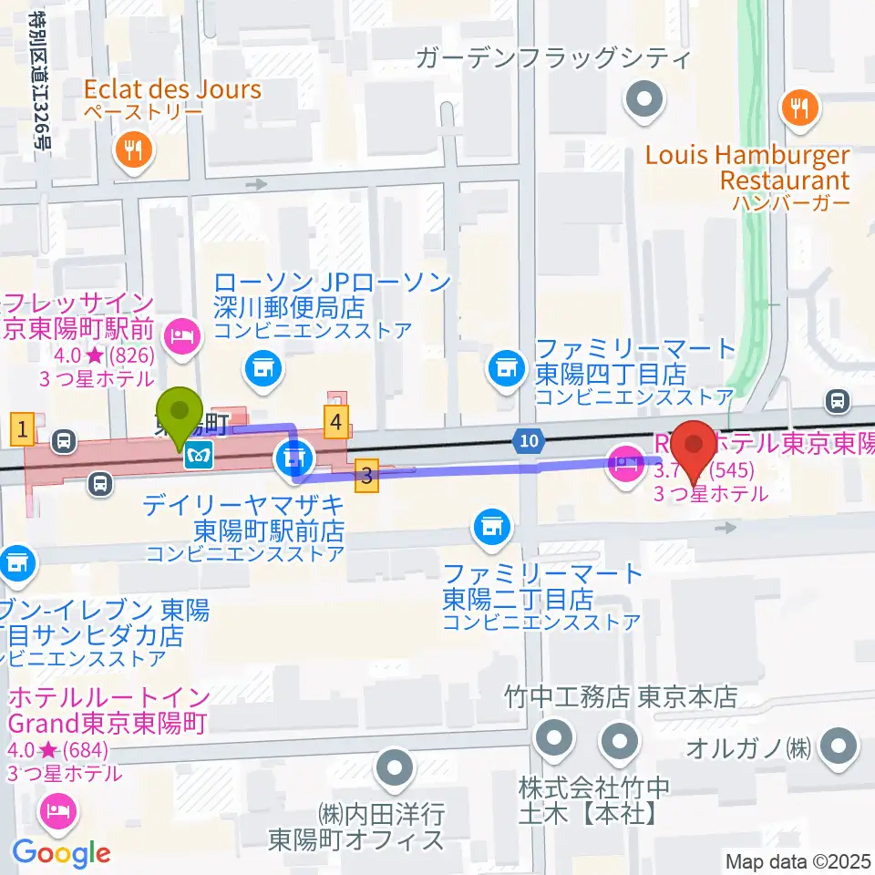 ドリームミュージックの最寄駅東陽町駅からの徒歩ルート（約5分）地図