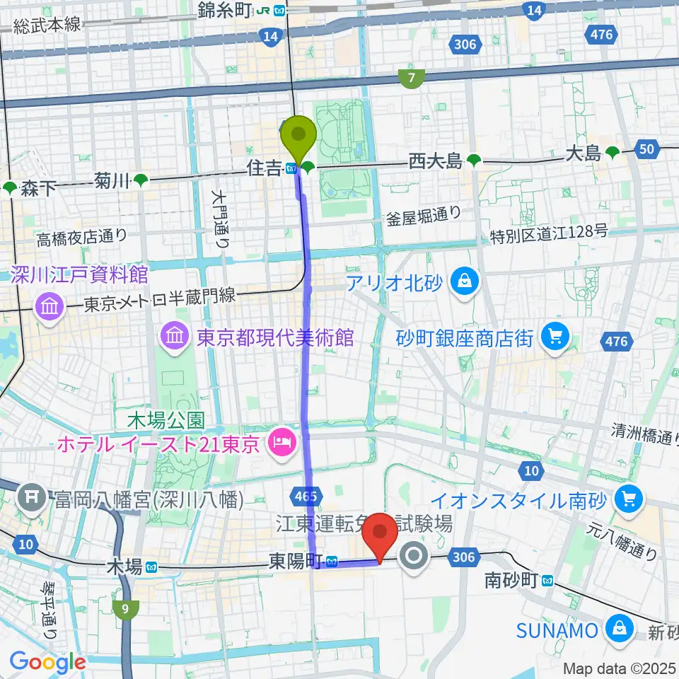 住吉駅からドリームミュージックへのルートマップ地図