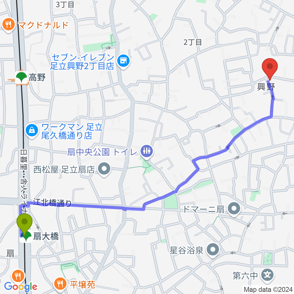 扇大橋駅から夢弦ギター教室へのルートマップ地図