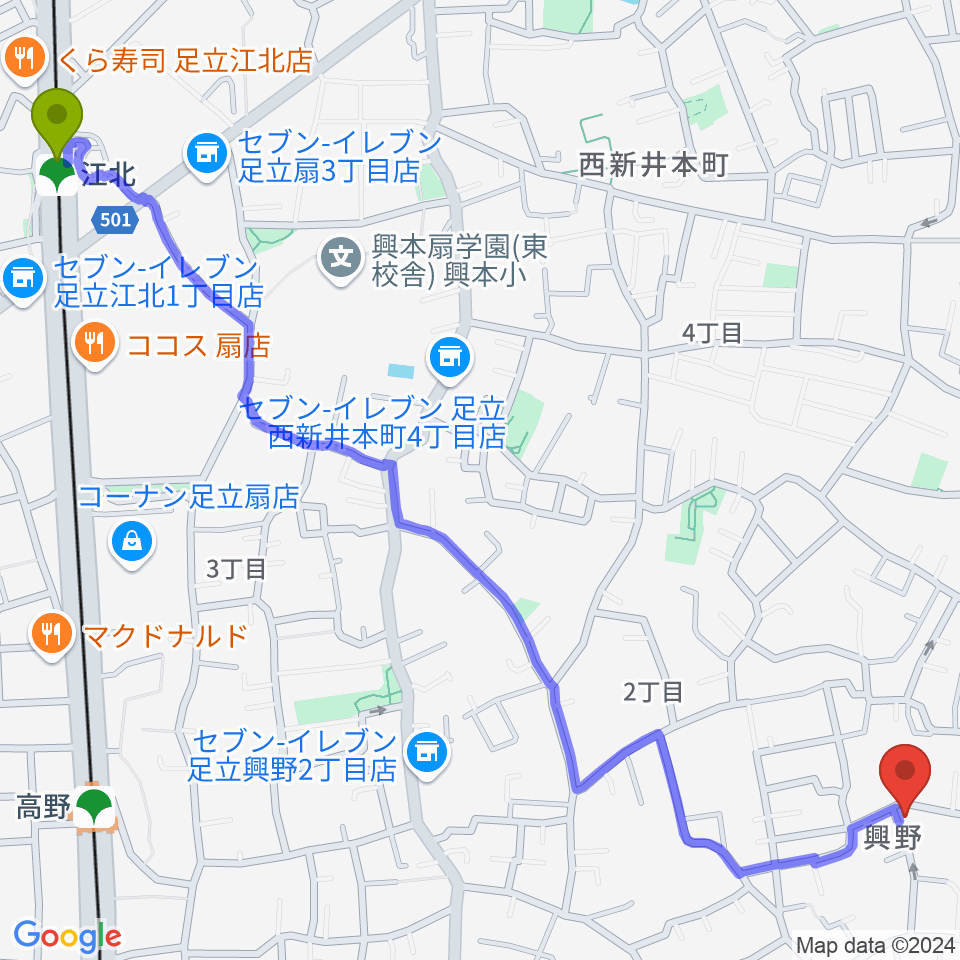 江北駅から夢弦ギター教室へのルートマップ地図