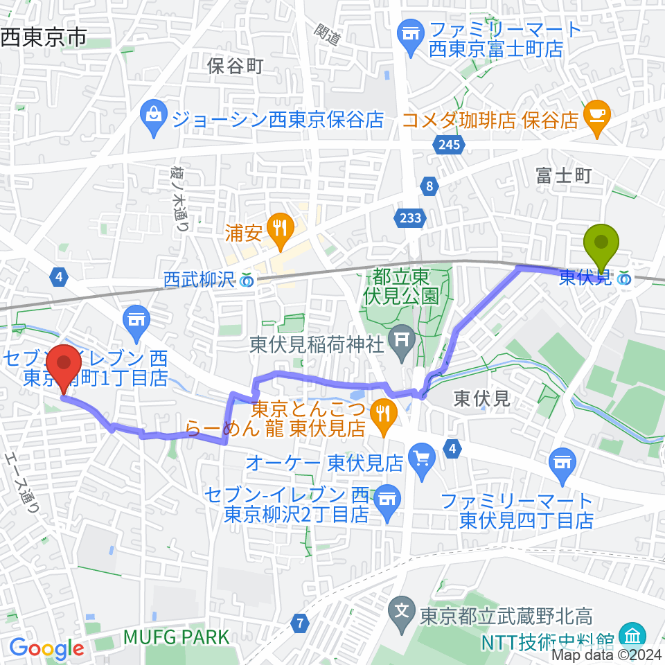 東伏見駅からシャチギター教室へのルートマップ地図