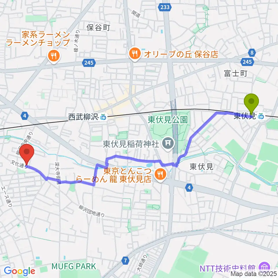 東伏見駅からシャチギター教室へのルートマップ地図