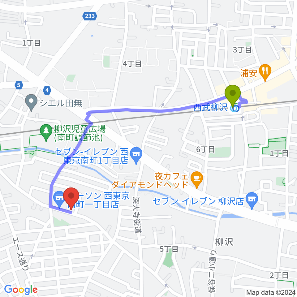 シャチギター教室の最寄駅西武柳沢駅からの徒歩ルート（約10分）地図