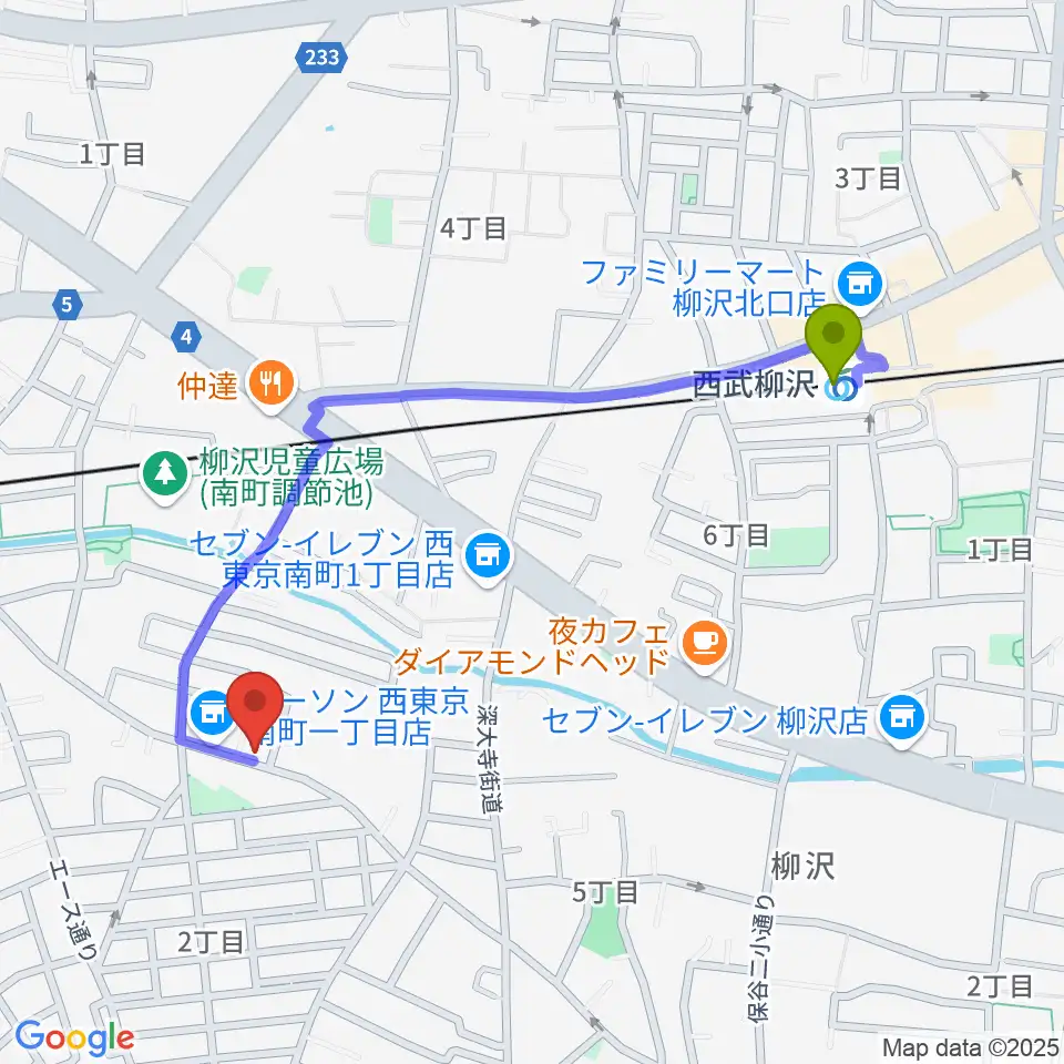 シャチギター教室の最寄駅西武柳沢駅からの徒歩ルート（約10分）地図