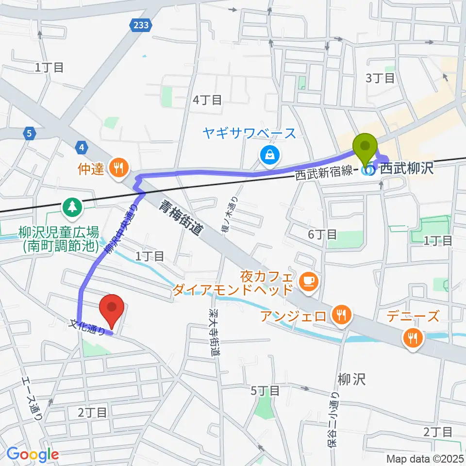 シャチギター教室の最寄駅西武柳沢駅からの徒歩ルート（約10分）地図