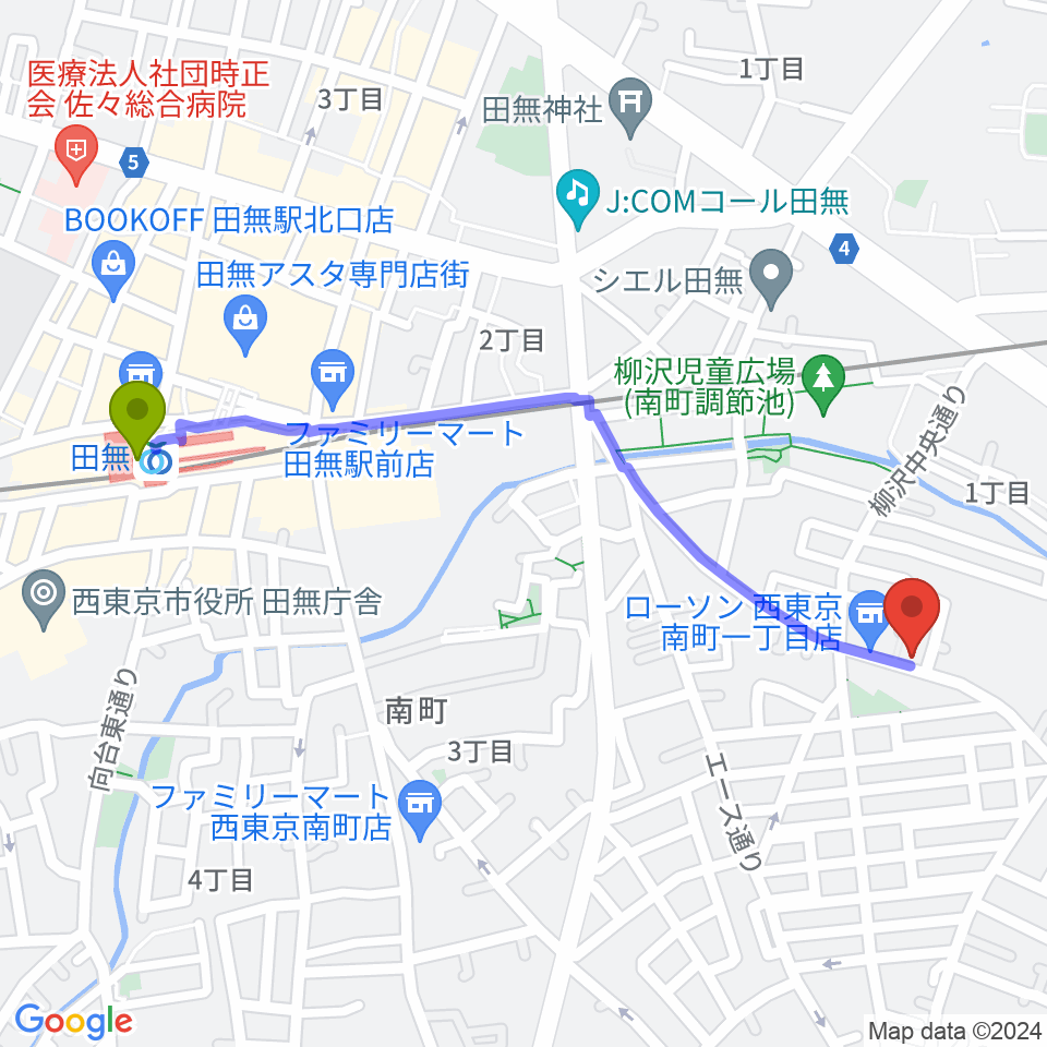 田無駅からシャチギター教室へのルートマップ地図