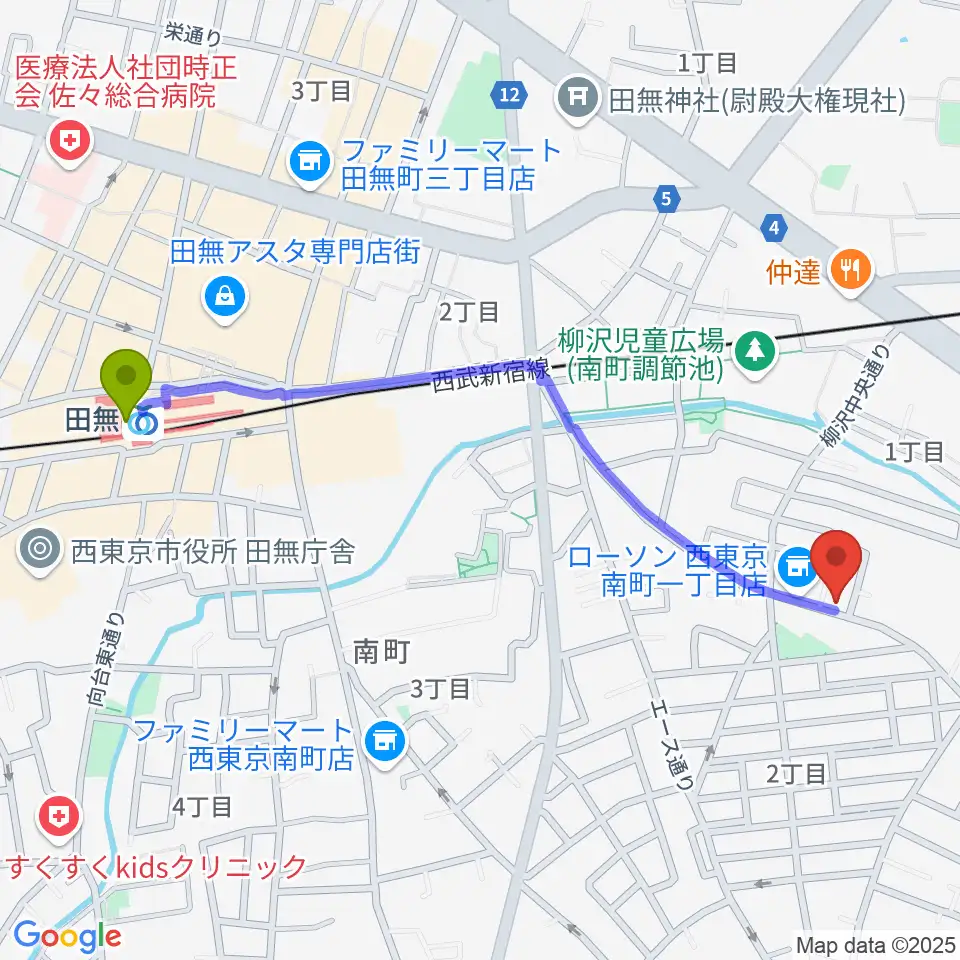 田無駅からシャチギター教室へのルートマップ地図