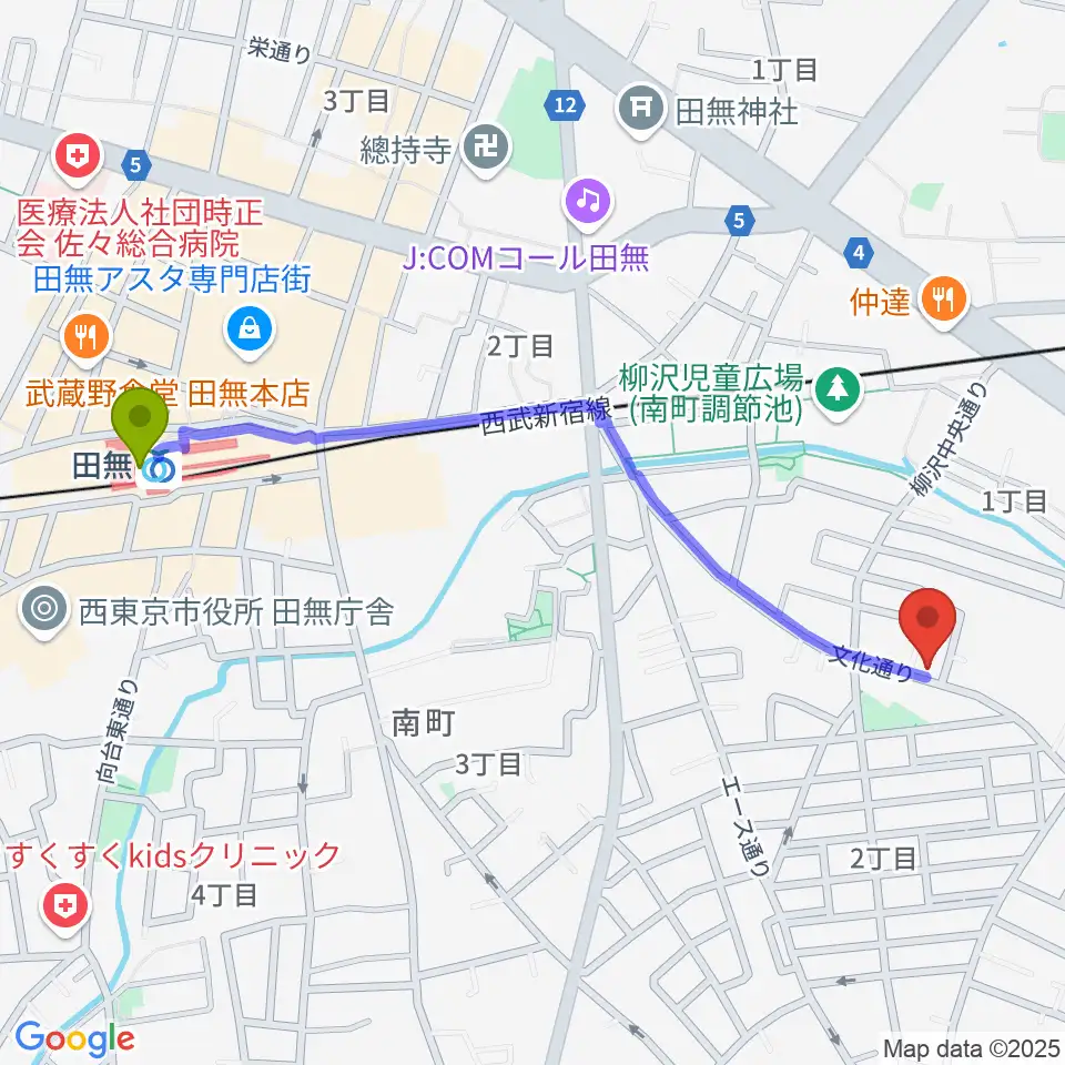 田無駅からシャチギター教室へのルートマップ地図