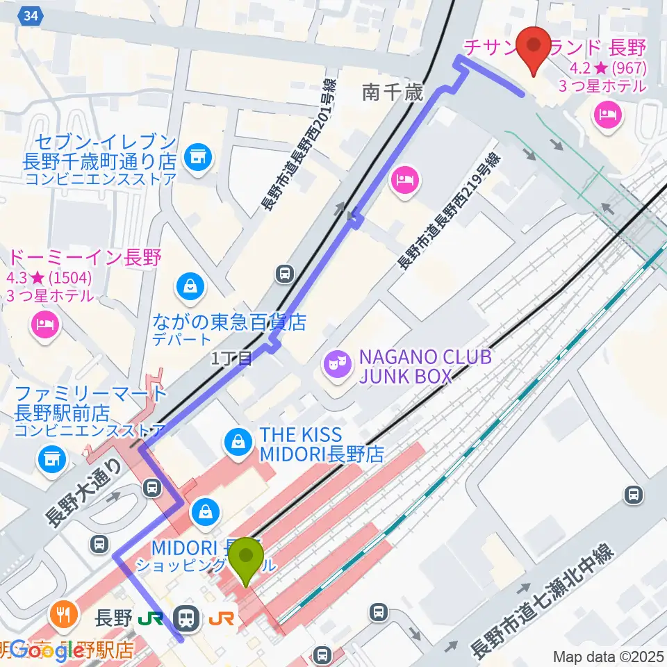 長野駅からアイミュージックスクールへのルートマップ地図