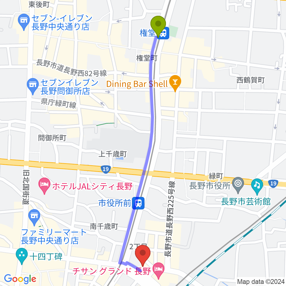権堂駅からアイミュージックスクールへのルートマップ地図