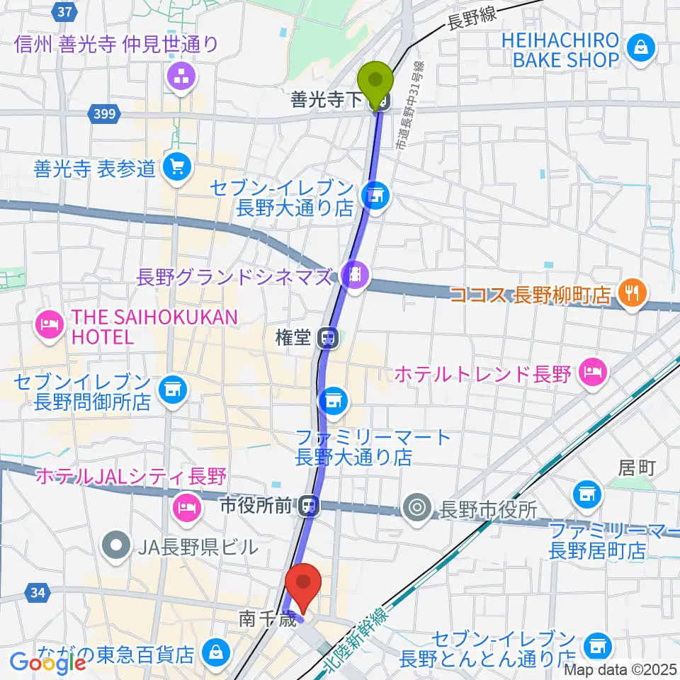 善光寺下駅からアイミュージックスクールへのルートマップ地図