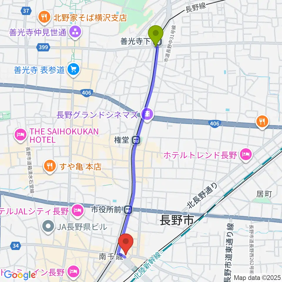善光寺下駅からアイミュージックスクールへのルートマップ地図